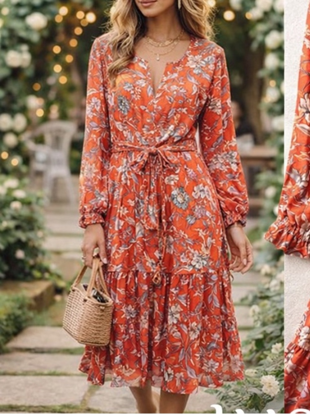 Anthro’s Jaase Boho Floral Rayon Tie Waist Midi Dress Long Sleeve Resort Size S